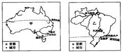 读图,完成下列各题。(8分)、甲、乙两国都有一条重要的纬线__________穿过。两国的城市都集中分布在_______________沿海。、甲国 读图,完成下列各题。(8分)、甲、乙两国都有一条重要的纬线__________穿过。两国的城市都集中分布在_______________沿海。、甲国