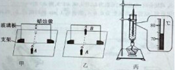 图甲、乙两图是小月同学探究平面镜成像特点的实验情景。①玻璃板竖立在水平桌面上,点燃的蜡烛A竖直立在玻璃板前,玻璃板后出现A的像。②小月同学拿另一支与A大小 图甲、乙两图是小月同学探究平面镜成像特点的实验情景。①玻璃板竖立在水平桌面上,点燃的蜡烛A竖直立在玻璃板前,玻璃板后出现A的像。②小月同学拿另一支与A大小