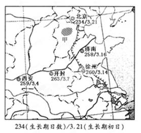 读“我国部分地区生长期资料图”,图中数据分别为“生长期日数”和“生长期初日”,据此完成下列各题。小题1:图示地区生长期初日的变化规律是A.自西南向东北提早B 读“我国部分地区生长期资料图”,图中数据分别为“生长期日数”和“生长期初日”,据此完成下列各题。小题1:图示地区生长期初日的变化规律是A.自西南向东北提早B