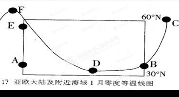 下图为“亚欧大陆及附近海域1月零度等温线图”,读图回答问题。C地与F地温度同为零度,但F地纬度偏高的原因是什么?A、E两地所属的气 下图为“亚欧大陆及附近海域1月零度等温线图”,读图回答问题。C地与F地温度同为零度,但F地纬度偏高的原因是什么?A、E两地所属的气