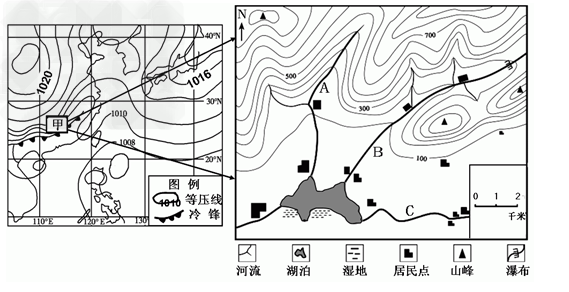 以下左图为我国部分地区2010 年11 月的一天某时刻的天气形势,右图为甲地所在区域局部范围的地形,读图回答问题1.此时控制我国大部分地区的气压 以下左图为我国部分地区2010 年11 月的一天某时刻的天气形势,右图为甲地所在区域局部范围的地形,读图回答问题1.此时控制我国大部分地区的气压