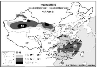 读全国高温预报图,回答4~5题.小题1:造成图中甲区域高温天气的天气系统是A.锋面气旋B.暖锋C.热低压D.反气旋小题2:图中乙地气温高达40℃以上,其成因解释 读全国高温预报图,回答4~5题.小题1:造成图中甲区域高温天气的天气系统是A.锋面气旋B.暖锋C.热低压D.反气旋小题2:图中乙地气温高达40℃以上,其成因解释