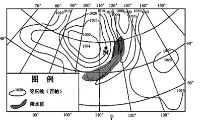 下图是某区域某时地面天气简图。读图回答问题。小题1:图中M地的风向是A.东北B.东南C.西北D.西南小题2:产生图示区域降水的天气系统是A.气旋B.反气旋C.暖 下图是某区域某时地面天气简图。读图回答问题。小题1:图中M地的风向是A.东北B.东南C.西北D.西南小题2:产生图示区域降水的天气系统是A.气旋B.反气旋C.暖