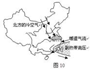 图10是某同学绘制的“副高对我国天气影响示意图”。读图回答问题。小题1:该同学绘制的示意图中有一处明显错误,其错误点及理由分别是A.“北方的冷空气”——这个季节 图10是某同学绘制的“副高对我国天气影响示意图”。读图回答问题。小题1:该同学绘制的示意图中有一处明显错误,其错误点及理由分别是A.“北方的冷空气”——这个季节