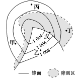 读图回答小题1:有关图中四地天气状况的正确叙述是A.甲地风向为西南风B.乙地气温较高C.丙地风速最大D.丁地气压最低小题2:关于戊地天气系统的正确组合为 读图回答小题1:有关图中四地天气状况的正确叙述是A.甲地风向为西南风B.乙地气温较高C.丙地风速最大D.丁地气压最低小题2:关于戊地天气系统的正确组合为