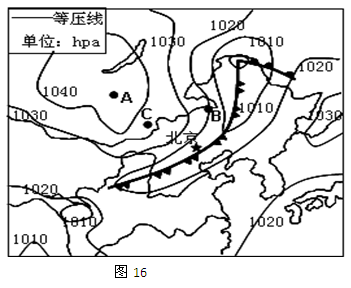 (16分)读我国部分地区天气形势示意图(图16),结合所学知识,回答问题:A处的气压是(高气压或低气压),易出现天气。B处的风向为风,B、C两地相比 (16分)读我国部分地区天气形势示意图(图16),结合所学知识,回答问题:A处的气压是(高气压或低气压),易出现天气。B处的风向为风,B、C两地相比