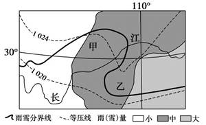 下图为“我国某地局部降水(雪)分布图”。读图,完成下列各题。小题1:导致图中雨雪分界线在甲、乙两处发生弯曲的主要因素是 A.纬度B.大气环流C.地形D.海陆热力 下图为“我国某地局部降水(雪)分布图”。读图,完成下列各题。小题1:导致图中雨雪分界线在甲、乙两处发生弯曲的主要因素是 A.纬度B.大气环流C.地形D.海陆热力