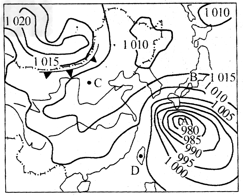 下图为亚洲部分地区9月份某时的地面等压线天气图,读图回答下列问题。 图中A天气系统不断向东偏北移动,使B城市出现了狂风暴雨的 下图为亚洲部分地区9月份某时的地面等压线天气图,读图回答下列问题。 图中A天气系统不断向东偏北移动,使B城市出现了狂风暴雨的
