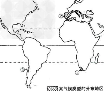 下图示意世界某种气候类型的局部分布地区。完成1—3题。1.该气候的分布地区中,①地区的分布最高纬度较低,其主要的影响因素 下图示意世界某种气候类型的局部分布地区。完成1—3题。1.该气候的分布地区中,①地区的分布最高纬度较低,其主要的影响因素