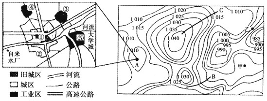 下面右图是北半球部分地区某时刻地面等压线图,左图是A城空间结构图,读图回答下列问题。图中B,C两线实际存在锋面的是___________, 下面右图是北半球部分地区某时刻地面等压线图,左图是A城空间结构图,读图回答下列问题。图中B,C两线实际存在锋面的是___________,