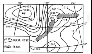 下图是某区域某时地面天气简图。读图完成下列各题。小题1:图中丙地的风向是A.东北B.东南C.西北D.西南小题2:产生图示A区域和B区域降水的天气系统分别是A.气 下图是某区域某时地面天气简图。读图完成下列各题。小题1:图中丙地的风向是A.东北B.东南C.西北D.西南小题2:产生图示A区域和B区域降水的天气系统分别是A.气