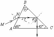 如图所示,是一种折射率n=1.5的棱镜,用于某种光学仪器中,现有一束光线沿MN方向射到棱镜的AB面上,入射角的大小,求:光在棱镜中传播的速率。画出 如图所示,是一种折射率n=1.5的棱镜,用于某种光学仪器中,现有一束光线沿MN方向射到棱镜的AB面上,入射角的大小,求:光在棱镜中传播的速率。画出