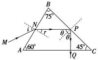 如图所示,ABC是三棱镜的一个截面,其折射率为n=1.5,现有一细束平行于截面的光线沿MN方向射到棱镜的AB面上的N点,AN=NB=2cm,入射角的大小为i,且 如图所示,ABC是三棱镜的一个截面,其折射率为n=1.5,现有一细束平行于截面的光线沿MN方向射到棱镜的AB面上的N点,AN=NB=2cm,入射角的大小为i,且