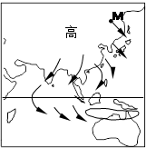 下图为亚洲东部和南部某月气压与风向的示意图,读图回答各题小题1:有关该图表示的时间,以及M点的风向,说法正确的是A.1月、西北风B.7月、西北风C.1月、东南风 下图为亚洲东部和南部某月气压与风向的示意图,读图回答各题小题1:有关该图表示的时间,以及M点的风向,说法正确的是A.1月、西北风B.7月、西北风C.1月、东南风