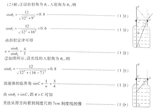 某同学用刻度尺测定如图所示的容器内某种液体的折射率,实验步骤如下:a.用刻度尺测出容器瓶口内径为l2 cm;b.在瓶内装满液体;c.将刻度尺沿容器边缘竖直插入液 某同学用刻度尺测定如图所示的容器内某种液体的折射率,实验步骤如下:a.用刻度尺测出容器瓶口内径为l2 cm;b.在瓶内装满液体;c.将刻度尺沿容器边缘竖直插入液