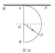 如图16所示,半圆形玻璃砖的半径R=10cm,折射率为n=,直径AB与屏幕MN垂直并接触于A点。激光a以入射角i=30°射入玻璃砖的圆心O,在屏幕MN上 如图16所示,半圆形玻璃砖的半径R=10cm,折射率为n=,直径AB与屏幕MN垂直并接触于A点。激光a以入射角i=30°射入玻璃砖的圆心O,在屏幕MN上