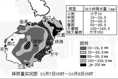 2010年9月30日至10月9日,持续的强降雨使海南省部分市县遭受了历史上罕见的洪涝灾害。读图回答下列各题。小题1:从图中信息可知,遭受特大暴雨危害的地点是A. 2010年9月30日至10月9日,持续的强降雨使海南省部分市县遭受了历史上罕见的洪涝灾害。读图回答下列各题。小题1:从图中信息可知,遭受特大暴雨危害的地点是A.