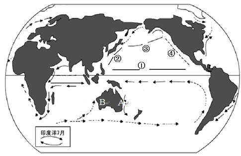 读“世界表层部分洋流分布图”,回答下列问题。在图中画出①、②、③、④四股洋流的流向。在图上①②③④四股洋流中,属于暖流的是。受东北 读“世界表层部分洋流分布图”,回答下列问题。在图中画出①、②、③、④四股洋流的流向。在图上①②③④四股洋流中,属于暖流的是。受东北