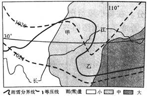 下图为我国某地局部降水分布图。读图,完成下列问题。小题1:导致图中雨雪分界线在甲、乙两处发生变曲的主要因素是A.纬度B.大气环流C.海陆热力性质差异D.地 下图为我国某地局部降水分布图。读图,完成下列问题。小题1:导致图中雨雪分界线在甲、乙两处发生变曲的主要因素是A.纬度B.大气环流C.海陆热力性质差异D.地