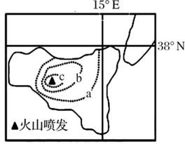 下图中虚线是某岛屿火山喷发后火山灰厚度等值线,a<b<c。读图完成下列各题。小题1:该火山喷发时最有可能的季节是A.春季B.冬季C.秋季D.夏季小题 下图中虚线是某岛屿火山喷发后火山灰厚度等值线,a<b<c。读图完成下列各题。小题1:该火山喷发时最有可能的季节是A.春季B.冬季C.秋季D.夏季小题