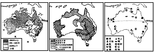 下图分别是澳大利亚地形图、澳大利亚农牧业分布图、澳大利亚矿产与城市分布图,据图回答。看到上述地图,有人马上得出:“澳大利亚 下图分别是澳大利亚地形图、澳大利亚农牧业分布图、澳大利亚矿产与城市分布图,据图回答。看到上述地图,有人马上得出:“澳大利亚