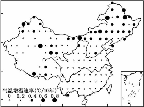 下图为195l~2002年我国气温增温速率的分布图。回答下面两题。小题1:1951~2002年,我国A.各地都增温B.增温幅度自东向西递增C.增温幅度最大地区的 下图为195l~2002年我国气温增温速率的分布图。回答下面两题。小题1:1951~2002年,我国A.各地都增温B.增温幅度自东向西递增C.增温幅度最大地区的