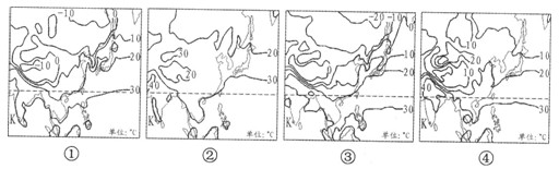读亚洲部分地区四个季度平均气温分布图,回答问题。小题1:据图中气温分布状况判断,四幅图由第一季度到第四季度的正确排序是A.①→②→③→④B.①→②→④→ 读亚洲部分地区四个季度平均气温分布图,回答问题。小题1:据图中气温分布状况判断,四幅图由第一季度到第四季度的正确排序是A.①→②→③→④B.①→②→④→