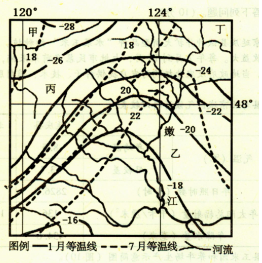 下图为“我国东北部地区1、7月等温线分布示意图”。回答12~13题。小题1:下列关于图中等温线与甲、乙、丙、丁四地气温的叙述,正确的是A.受地形因素影响,1月- 下图为“我国东北部地区1、7月等温线分布示意图”。回答12~13题。小题1:下列关于图中等温线与甲、乙、丙、丁四地气温的叙述,正确的是A.受地形因素影响,1月-