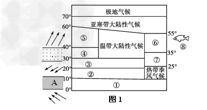 下图1 为“气候类型分布模式图”,图的左侧是“某季节影响气候形成的气压带、风带位置示意图”;图2 为四地的气候资料图。读图回答下列问题。 ( 下图1 为“气候类型分布模式图”,图的左侧是“某季节影响气候形成的气压带、风带位置示意图”;图2 为四地的气候资料图。读图回答下列问题。 (