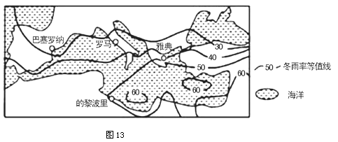 (10分) 图13为地中海地区冬雨率等值线图。读图回答下列问题。描述地中海地区冬雨率等值线的 (10分) 图13为地中海地区冬雨率等值线图。读图回答下列问题。描述地中海地区冬雨率等值线的