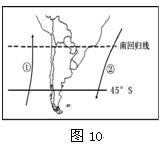 图10为“南美洲南部沿岸洋流示意图”,读图回答:图中洋流对地理环境的影响有A.①洋流是秘鲁渔场的重要成因B.②洋流随季节不同方向相反C.②洋流不利于海洋污染 图10为“南美洲南部沿岸洋流示意图”,读图回答:图中洋流对地理环境的影响有A.①洋流是秘鲁渔场的重要成因B.②洋流随季节不同方向相反C.②洋流不利于海洋污染
