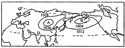 读北半球部分地区海平面等压线分布图,回答下列问题。填出图中A、B气压中心的名称:A_____________,B_____ 读北半球部分地区海平面等压线分布图,回答下列问题。填出图中A、B气压中心的名称:A_____________,B_____