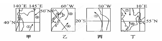 下图为世界四大渔场附近洋流分布图。读图回答下列各题。小题1:四渔场中成因与其他三大渔场不同的是A.甲B.乙C.丙D.丁小题2:关于洋流对地理环境影响叙述正确的是 下图为世界四大渔场附近洋流分布图。读图回答下列各题。小题1:四渔场中成因与其他三大渔场不同的是A.甲B.乙C.丙D.丁小题2:关于洋流对地理环境影响叙述正确的是