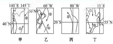 下图为世界四大渔场附近洋流分布图,读图完成下题。小题1:四渔场中成因与其他三大渔场不同的是A.甲B.乙C.丙D.丁小题2:关于洋流对地理环境影响叙述正确的是A. 下图为世界四大渔场附近洋流分布图,读图完成下题。小题1:四渔场中成因与其他三大渔场不同的是A.甲B.乙C.丙D.丁小题2:关于洋流对地理环境影响叙述正确的是A.