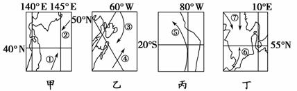 下图为世界四大渔场附近洋流分布图,读图回答题小题1:四渔场中成因与其他三大渔场不同的是 ( )A.甲B.乙C.丙D.丁小题2:有关①洋流性质和位置的叙述正确的 下图为世界四大渔场附近洋流分布图,读图回答题小题1:四渔场中成因与其他三大渔场不同的是 ( )A.甲B.乙C.丙D.丁小题2:有关①洋流性质和位置的叙述正确的