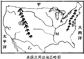读美国及周边地区略图,分析回答问题数字①是______.字母A是______,它是世界著名的“汽车城”.B是美国首都______.C 魔方格