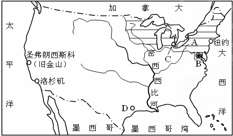 读美国本土图,回答下列问题:与美国陆地相邻的国家是______和墨西哥.从北京出发乘飞机向东飞行到洛杉矶,需要穿越______洋上空.美国硅谷