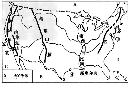 读美国略图,回答问题。字母代表的地理事物名称:邻国A__________,B____________;海洋C__________;山脉E_ 读美国略图,回答问题。字母代表的地理事物名称:邻国A__________,B____________;海洋C__________;山脉E_