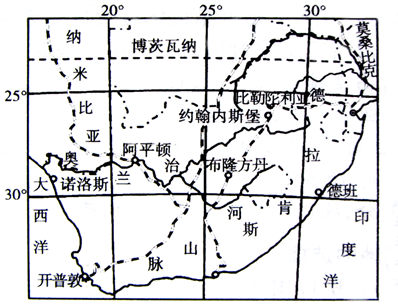 根据材料和所学知识,完成下列问题。材料一:为南非及周边地区略图材料二下表为南非部分城市多年平均降水资料表(单位mm)城市1月2月3月4月5月6月7月8 根据材料和所学知识,完成下列问题。材料一:为南非及周边地区略图材料二下表为南非部分城市多年平均降水资料表(单位mm)城市1月2月3月4月5月6月7月8