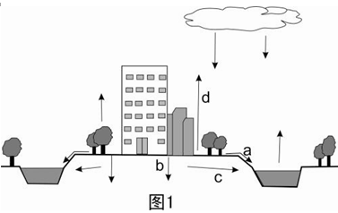 读城市水循环示意图(图1),回答第1题。在城镇建设中,提倡用透水材料铺设“可呼吸地面”代替不透水的硬质地面。小题1:采用“可呼吸地面”之后,图1中四个环节的变化 读城市水循环示意图(图1),回答第1题。在城镇建设中,提倡用透水材料铺设“可呼吸地面”代替不透水的硬质地面。小题1:采用“可呼吸地面”之后,图1中四个环节的变化