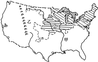 读“美国本土图”,回答下列问题.美国的两个海外州是阿拉斯加州和______州.河流名称:甲______;山脉名称:乙______.农业带名称: 魔方格