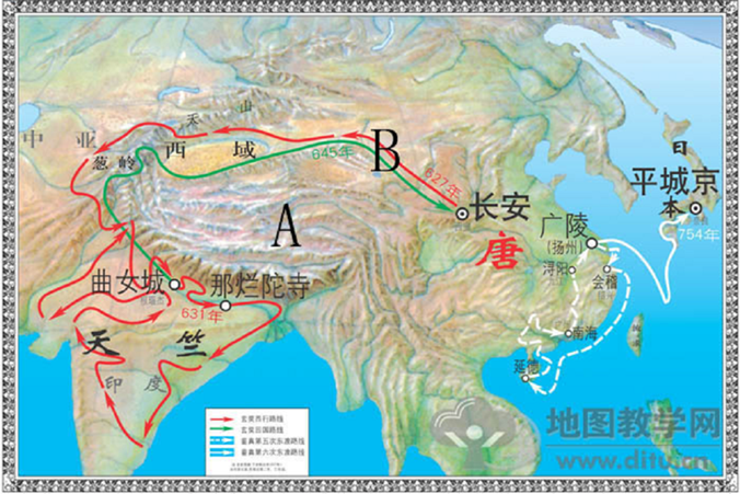 ⑴图中向西和向东的路线分别反映了哪两位历史人物的事迹?⑵B路线要经过历史上著名的什么道路?⑶试举出唐朝与A地区建立联 ⑴图中向西和向东的路线分别反映了哪两位历史人物的事迹?⑵B路线要经过历史上著名的什么道路?⑶试举出唐朝与A地区建立联