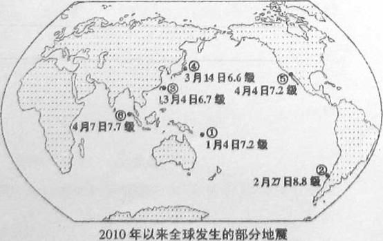 读下列关于地震的图文资料,回答问题。(10分)材料1:2010年以来世界上发生了一系列强烈地震,图中显示了其中六次大地震的时闸、地点和震级.材料2:2010年2 读下列关于地震的图文资料,回答问题。(10分)材料1:2010年以来世界上发生了一系列强烈地震,图中显示了其中六次大地震的时闸、地点和震级.材料2:2010年2