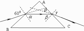 等腰直角棱镜放在真空中,如图所示,.AB=.AC=d,一束单色光以60°的入射角从AB侧面的中点射入,折射后再从AC侧面射出,出射光线偏离入射光线的角度为30°