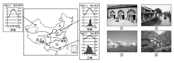 我国幅员辽阔,自然环境复杂多样,形成了各具特色的地理区域。读“中国四大地理分区图”,回答下列问题。(8分) 自然环境对民居有较大的影响,右图中的民居属于A 我国幅员辽阔,自然环境复杂多样,形成了各具特色的地理区域。读“中国四大地理分区图”,回答下列问题。(8分) 自然环境对民居有较大的影响,右图中的民居属于A