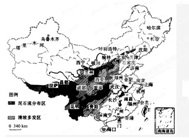 下图为“中国滑坡和泥石流灾害的分布图”,读图完成下列各题。小题1:我国泥石流和滑坡叠加区的主要省级行政区有A.冀、豫B.川 、陕C.粤、桂D.滇、黔小题2:应对 下图为“中国滑坡和泥石流灾害的分布图”,读图完成下列各题。小题1:我国泥石流和滑坡叠加区的主要省级行政区有A.冀、豫B.川 、陕C.粤、桂D.滇、黔小题2:应对
