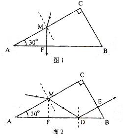 一棱镜的截面为直角三角形ABC,∠A=30°,斜边AB=a,棱镜材料的折射率为n=2.在此截面所在的平面内,一条光线以45°的入射角从AC边的中点M射入棱镜,求 魔方格