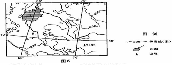 图6所示的平原地区在20世纪60年代频发沙尘暴。因沙尘中含有较多的盐尘,该地区的沙尘暴被称为“白风暴”。读图6,回答6—7题:小题1:R1和R2两河的主要补给水 图6所示的平原地区在20世纪60年代频发沙尘暴。因沙尘中含有较多的盐尘,该地区的沙尘暴被称为“白风暴”。读图6,回答6—7题:小题1:R1和R2两河的主要补给水