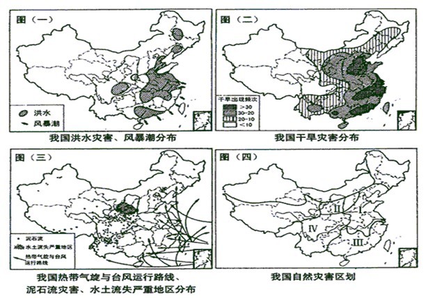 下图中、、是“我国部分灾害分布”示意图,是“我国自然灾害区划”示意图。读图判断回答:我国位于 _____________ 下图中、、是“我国部分灾害分布”示意图,是“我国自然灾害区划”示意图。读图判断回答:我国位于 _____________