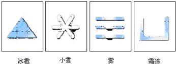 如图是同学们较熟悉的符号,它们分别代表冰雹、小雪、雾和霜冻四种天气现象,其中雾属于______现象,霜属于______现象,这两种物态变化的共同特点是:它们在形 魔方格
